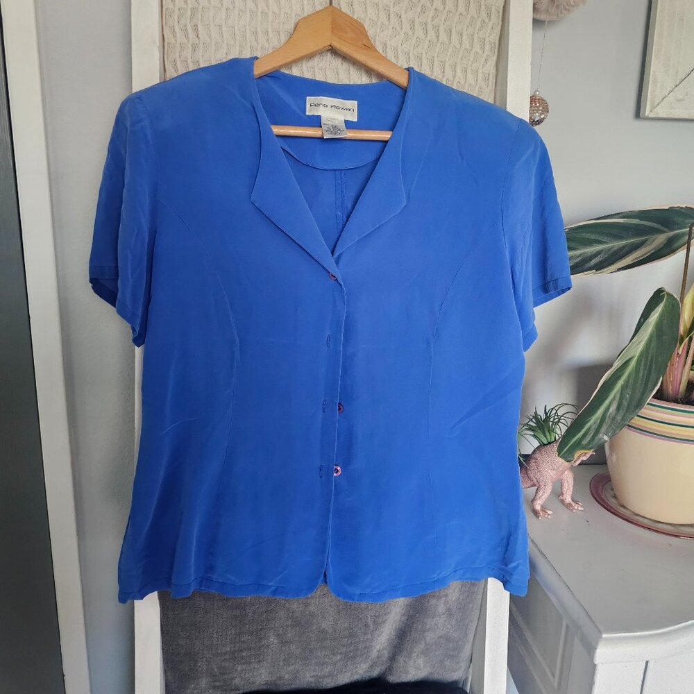 Rena Rowan Blue Silk Blouse | Size 10 | 100% Silk Button-Down Top